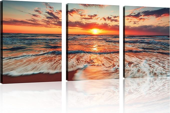 TutuBeer 3 Pcs Picture of the Beach Ocean Pictures Blue Sea Beach at Sunrise Art Print on Canvas Sea Wall Decor Ocean Wall Art Seascape Canvas Stretched and Framed 12" x 16" x 3 Pcs