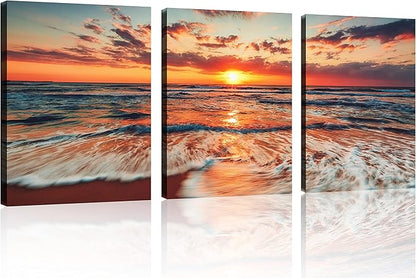 TutuBeer 3 Pcs Picture of the Beach Ocean Pictures Blue Sea Beach at Sunrise Art Print on Canvas Sea Wall Decor Ocean Wall Art Seascape Canvas Stretched and Framed 16" x 24" x 3 Pcs