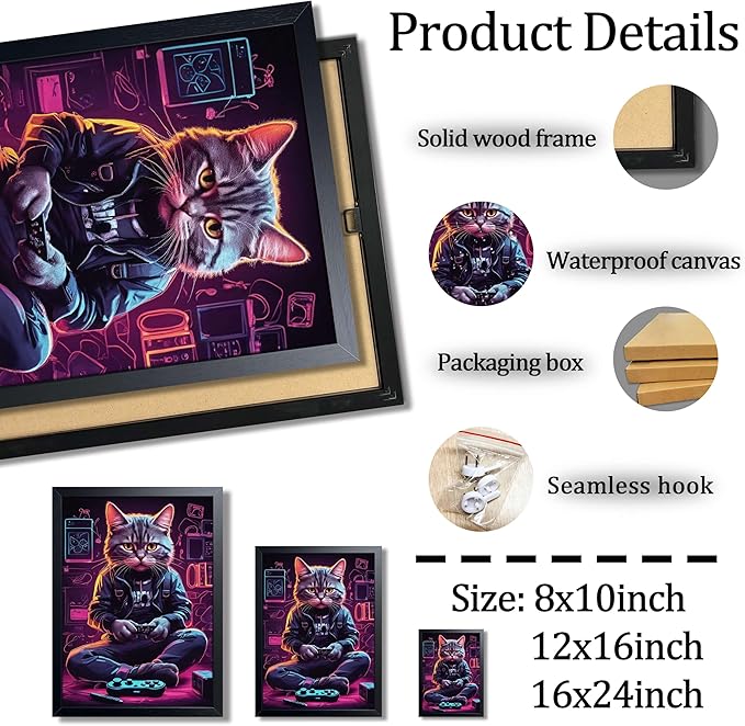 Framed Gamer Cat Canvas Wall Art, Kitten Playing Video Game Wall Decor, Cool Controller Neon Oil Painting, Boys Bedroom Gaming Room Canvas Print Poster 8x10 Inch