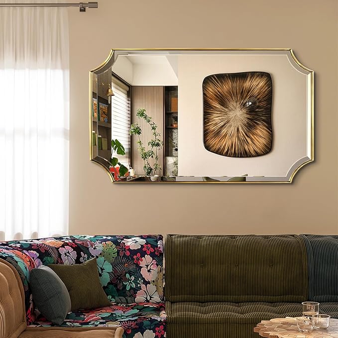 POZINO Rectangle Beveled Mirror, 24"x40" Brushed Gold Bathroom Vanity Mirrors with Stainless Steel Frame, Modern Aesthetic Wall Mirror for Hallway Entryway Living Room, Horizontal or Vertical Hanging