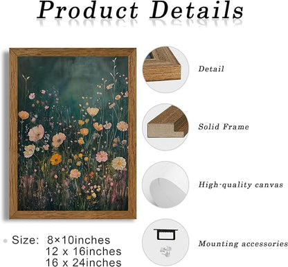 JLTULT Framed Vintage Pink Tone Floral Canvas Wall Art, Farmhouse Flower Landscape Pictures Wall Decor, Botanical Wildflower Field Art Print for Bedroom Living Room Bathroom Home Decoration 12x16 in
