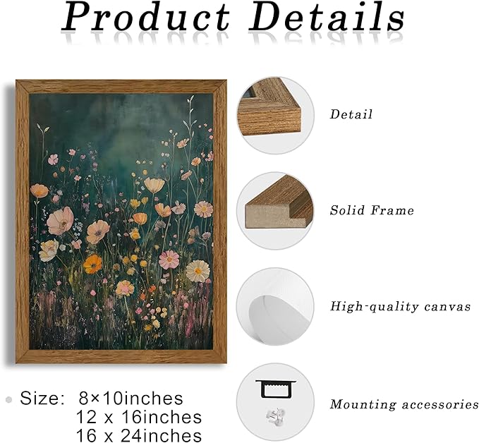 JLTULT Framed Vintage Pink Tone Floral Canvas Wall Art, Farmhouse Flower Landscape Pictures Wall Decor, Botanical Wildflower Field Art Print for Bedroom Living Room Bathroom Home Decoration 16x24 in