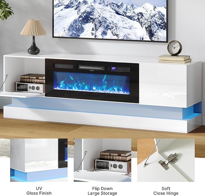 WelFurGeer 36" Electric Fireplace TV Stands with LED Lights, High-Gloss Modern Media Console Table for TV up to 75", White Fireplace TV Stand with Storage, Entertainment Center for Living Room