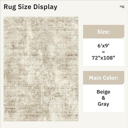 Soalmost 6x9 Abstract Area Rugs for Living Room 6 x 9 Washable Non Slip Low Pile Gray Rugs for Bedroom Dining Room Foldable Thin Beige Gray