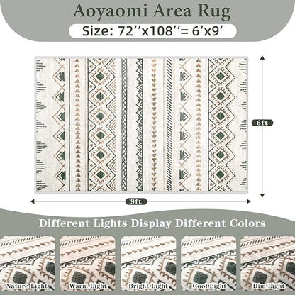 Area Rug for Living Room 6x9: Large Washable Boho Moroccan Rugs Geometric Neutral Rug, Non-Slip Foldable Morden Farmhouse Indoor Floor Carpet for Bedroom Dining Table Home(Brown Green,6'x9')