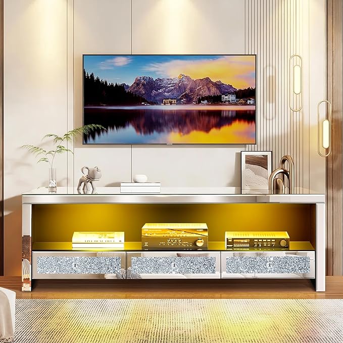 Silver Mirrored LED TV Stand with Crushed Diamond Drawers, Media Console Table with RGB LED Lights, Entertainment Center for TVs Up to 65 Inch, TV Cabinet with Storage Drawers for Living Room Bedroom