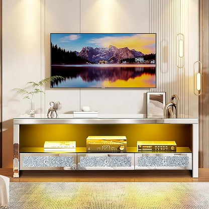 Silver Mirrored LED TV Stand with Crushed Diamond Drawers, Media Console Table with RGB LED Lights, Entertainment Center for TVs Up to 65 Inch, TV Cabinet with Storage Drawers for Living Room Bedroom