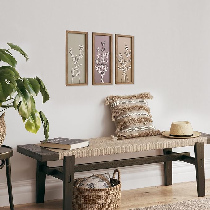 pechpell Set of 3 Wooden 3D Flower Wall Art Wood Framed, 15.7×7.1 Inch Floral Boho Wall Decor, Rustic Farmhouse Home Artwork for Bedroom Bathroom Living Room Kitchen Decorations