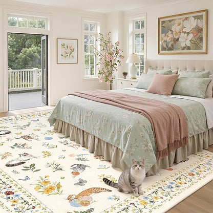 Soalmost Cat 8x10 Area Rugs for Living Room, Machine Washable Animal Floral Vintage Rug Non-Slip Low Pile Soft Throw Large Rugs for Classroom Bedroom Dining Room Nursery Playroom (8 x 10,Beige)