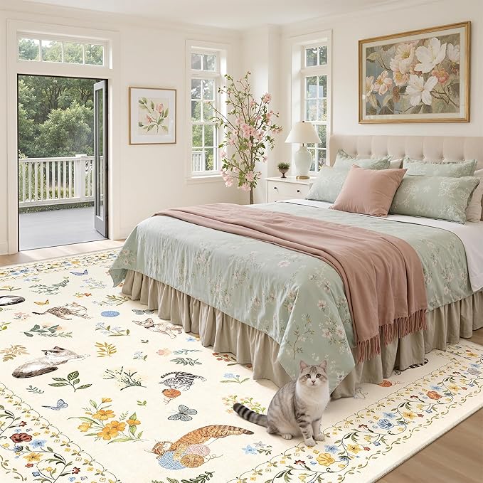 Soalmost Cat 9x12 Area Rugs for Living Room, Machine Washable Animal Floral Vintage Rug Non-Slip Low Pile Soft Throw Large Rugs for Classroom Bedroom Dining Room Nursery Playroom (9 x 12,Beige)