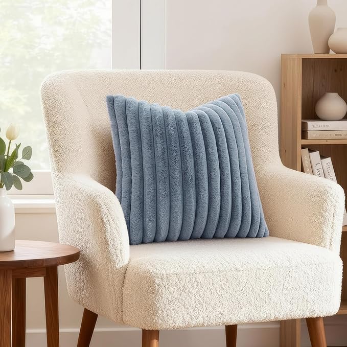 decorUhome Cozy Faux Fur Throw Pillow Covers 20x20 Set of 2 Decorative Soft Plush Striped Modern Farmhouse Boho Couch Pillow Cases with Velvet Back for Sofa Bed Living Room, Grey Blue