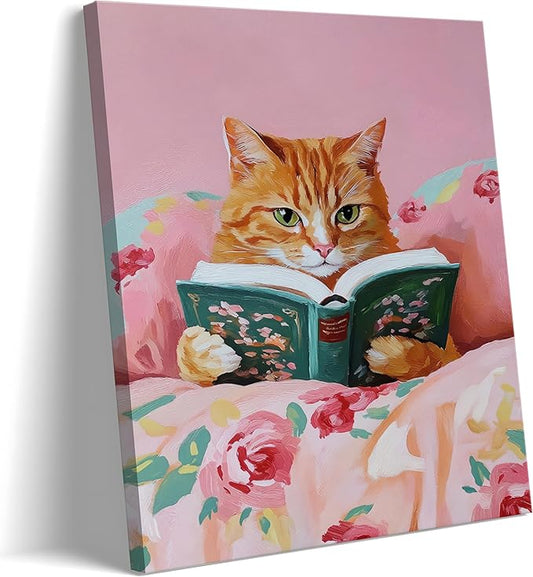 Framed Vintage Cats Canvas Wall Art, Funny Animal Reading Books Poster Printing Pictures, Pink Cute Cat Lovers Wall Decor for Girls Room Bedroom Kids Room Living Room Bathroom 12x16 in