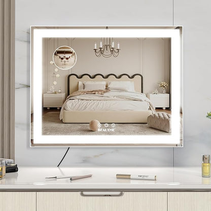 ANYHI Vanity Mirror with Lights, Lighted Hollywood Vanity Mirror with 10X Magnifying, Tabletop or Wall Mounted Vanity Makeup Mirror, 3 Color Modes, White (19.1''x16'')