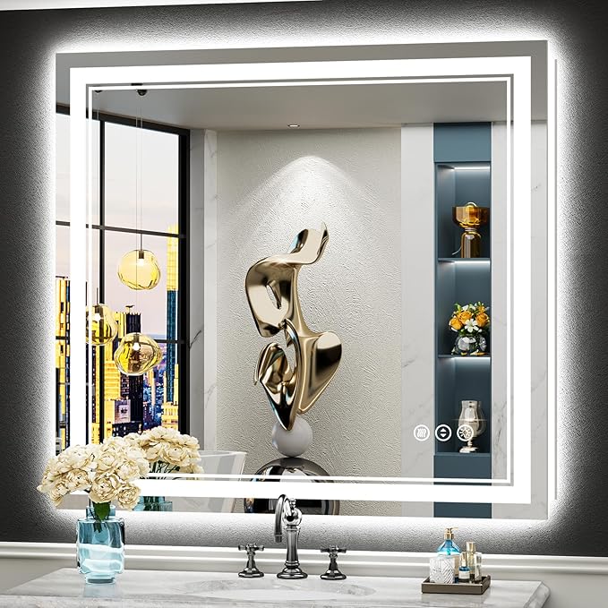40x38 LED Bathroom Mirror with Lights, Backlit and Front Lit Anti-Fog Lighted Vanity Mirrors for Bathroom Wall, Dimmable, 3-Color Light, Memory, Shatter-Proof, HD Tempered Glass, CRI＞90