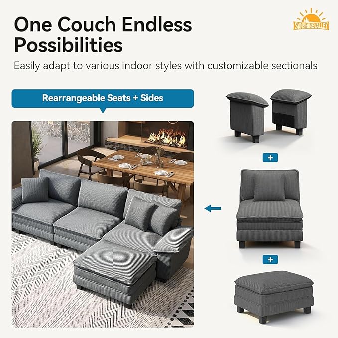 SUNSHINE VALLEY U Shaped Modular Cloud Couch, 157.5'' Oversized Corduroy Sectional Sofa with Wider Armrest and Ottoman, Upholstered 6-Seat Modern Deep Seat for Bedroom Living Room, Grey