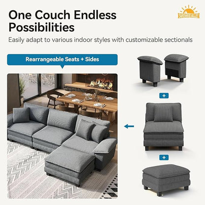SUNSHINE VALLEY U Shaped Modular Cloud Couch, 157.5'' Oversized Corduroy Sectional Sofa with Wider Armrest and Ottoman, Upholstered 6-Seat Modern Deep Seat for Bedroom Living Room, Grey