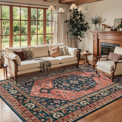 Tangsoo 6x9 Area Rug for Living Room,Oriental Machine Washable Large Rugs,Vintage Non-Slip Rug Soft Low Pile Foldable Floor Rug for Bedroom Dining Room Dorm Office Home Decor Red Blue