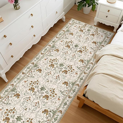 Floral 2x10 Runner Rug with Non Slip Low Pile Washable Entryway Rug,Soft Vintage Runner for Hallway Kitchen Living Room Bedroom Bathroom,Beige White