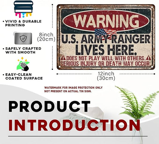 Warning US Army Ranger Vintage Tin Sign Great Patriotic Home Decor and Private Property Metal Sign for American Flag Home and Office Decor USA Army and Military 8x12inch