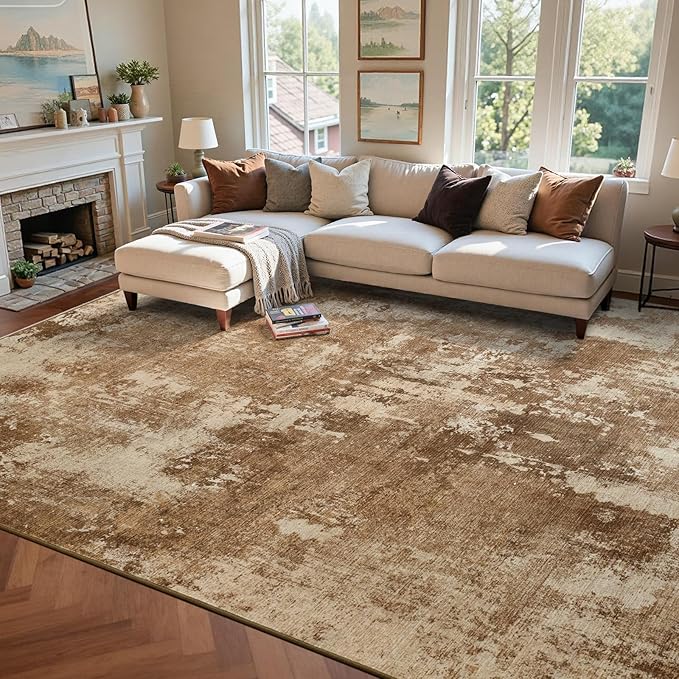 8x10 Ft Large Area Rugs for Living Room, Soft Non-Slip Washable Rugs Modern Abstract Pattern Carpet for Bedroom Indoor Floor Nursery Home Decor (Brown)