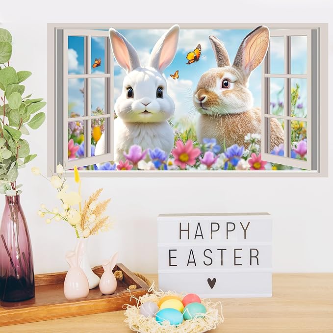 Easter Decoration Stickers for Wall Cute Bunny Vinyl Decals Peel and Stick 3D Fake Window Spring Wall Sticker Natural Landscape Walls Decal Flowers Rabbit Art Murals for Living Room Nusery Decor