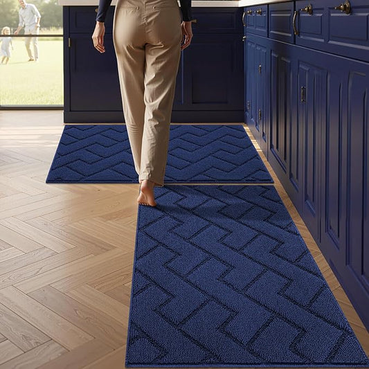 hicorfe Kitchen Runner Rugs and Mats Sets,2 Pieces Absorbent Non-Slip Kitchen Rug,Comfort Kitchen Mat for Floor,Washable for Kitchen,Hallway,Office,Sink,Laundry(24"x35"+24"x35",Navy Blue)