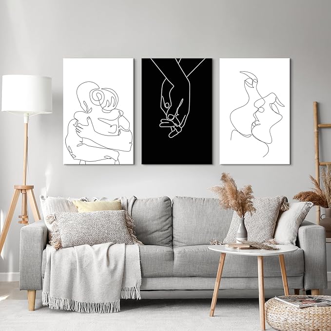 Couples Wall Decor Minimalist Line Wall Art Abstract Love Painting Black and White Line Drawing Art Hug Kiss Holding Poster Prints for Bedroom Bathroom Living Room Wall Decor