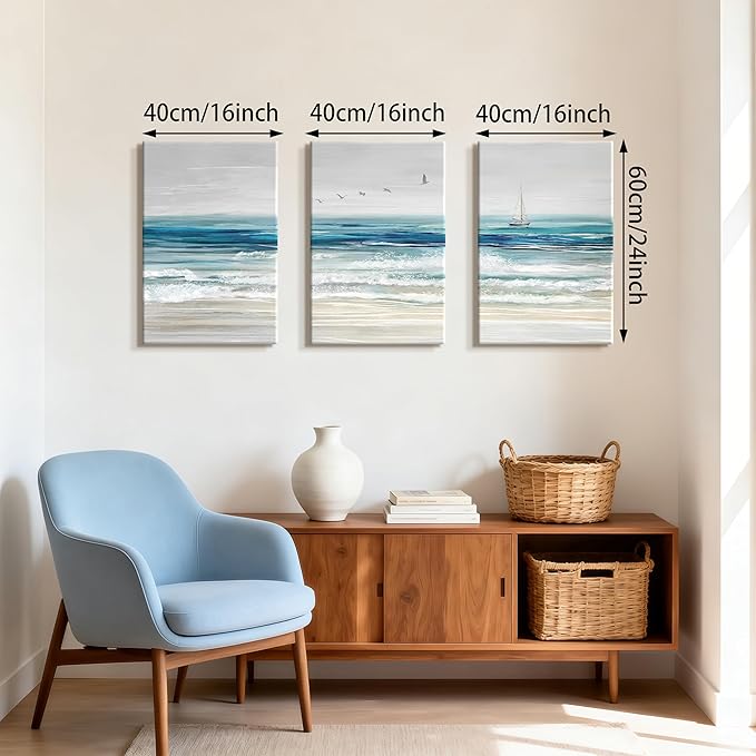 WENGTIAO Abstract Ocean Wall Art Set of 3 Blue Beach Canvas Paintings Minimalist Coastal Prints Pictures Sail Boat Home Decor Seascape Artwork for Living Room Bedroom Hallway 16”x24”x3Pcs