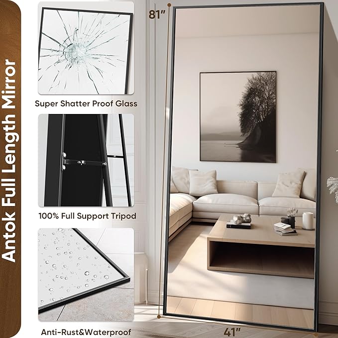 Antok Full Length Mirror, 81"x41" Oversized Floor Mirror Freestanding, Full Body Mirror Floor Standing Mirrors with Stand, Hanging Mounted Mirrors for Living Room Cloakroom,Black,Rect Style