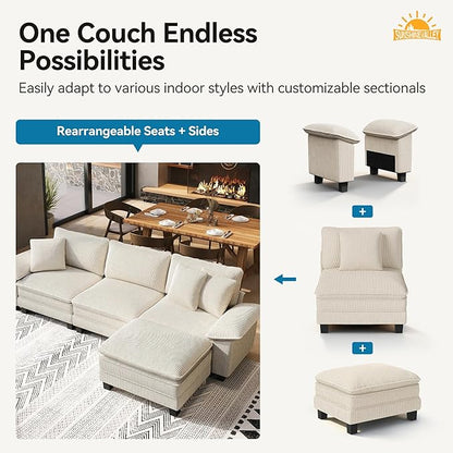 SUNSHINE VALLEY U Shaped Modular Cloud Couch, 123.6'' Comfy Corduroy Sectional Sofa with Wider Armrest and Ottoman, Upholstered 5-Seat Modern Deep Seat for Bedroom Living Room, Beige