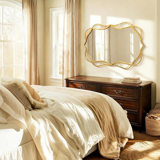 Besdomus Antique Gold Bathroom Mirror: 24"x36" Scalloped Modern Large Bathroom Vanity Mirrors for Over Sink - Farmhouse Decorative Vertical or Horizontal Hanging for Bathroom/Fireplace/Hallway