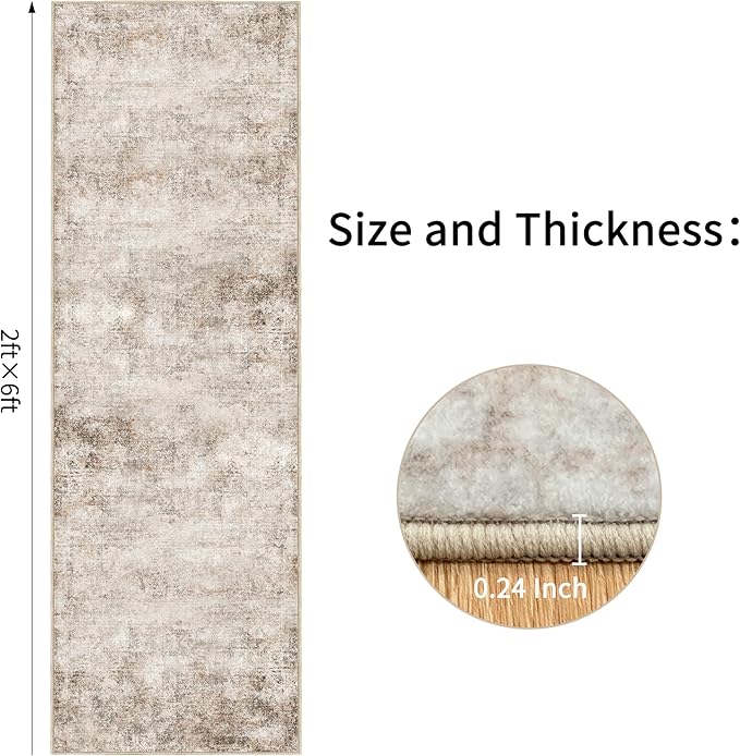 Washable 2x6 Kitchen Runner Rug: Abstract Indoor Rubber Backing Runners for Hallway Bathroom Bedroom - Easy Clean Soft Thin Floor Mat - Modern Neutral Decor Throw Carpet - Beige Brown