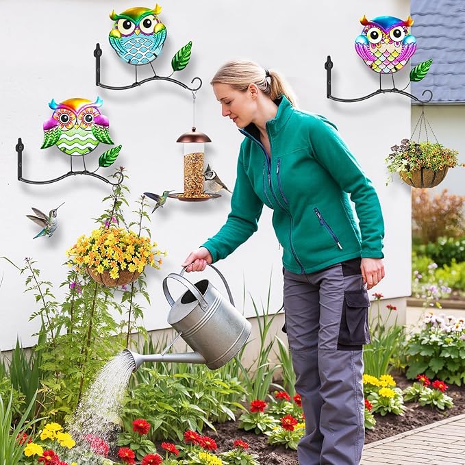 Metal Birds Wall Art Decor with Hanging Hooks, 3D Colorful Bird Outdoor Hanging Wall Art Patio Fence Decorations, Plant Bracket for Planters Wind Chimes Lanterns Garden Patio Decor (Owl)