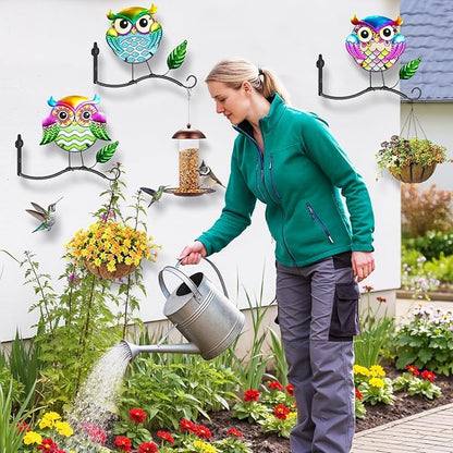 Metal Birds Wall Art Decor with Hanging Hooks, 3D Colorful Bird Outdoor Hanging Wall Art Patio Fence Decorations, Plant Bracket for Planters Wind Chimes Lanterns Garden Patio Decor (Owl)
