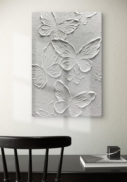 Boiee Art,30x45Inch Handmade Textured Acrylic Canvas Wall Art Creamy White Butterfly Paintings Abstract Decorative Artwork Stretched and Framed Ready to Hang for Wall