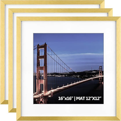 Yaetm 16x16 Gold Picture Frame Matted to 12x12, Set of 3, Thin Square Frame for Gallery Wall Display, Hanging Hardware Included (3 Pack, Gold)