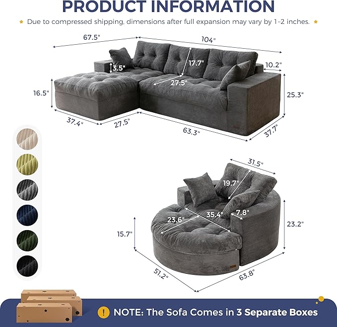 MAXYOYO L Shape Sectional Sofa Couch and Round Chaise Lounge, Modern Cloud Couch with Ottoman, Comfy Sofa with Layered Cushion, Tufted Upholstered Sleeper Chair for Living Room, No Assembly Required