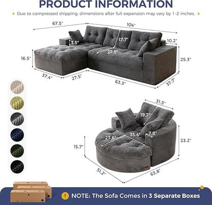 MAXYOYO L Shape Sectional Sofa Couch and Round Chaise Lounge, Modern Cloud Couch with Ottoman, Comfy Sofa with Layered Cushion, Tufted Upholstered Sleeper Chair for Living Room, No Assembly Required