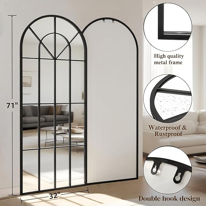 Degfig Arched Full Length Mirror with Grids, 71"X32", Arched Window Pane Wall Mirror, Floor Standing Mirrors, Farmhouse Long Full Body Mirrors Wall Mounted for Living Room, Bedroom, Entryway, Black