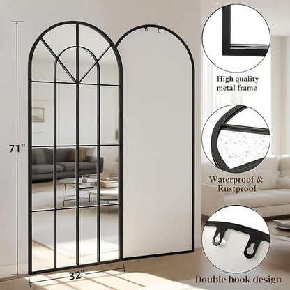 Degfig Arched Full Length Mirror with Grids, 71"X32", Arched Window Pane Wall Mirror, Floor Standing Mirrors, Farmhouse Long Full Body Mirrors Wall Mounted for Living Room, Bedroom, Entryway, Black