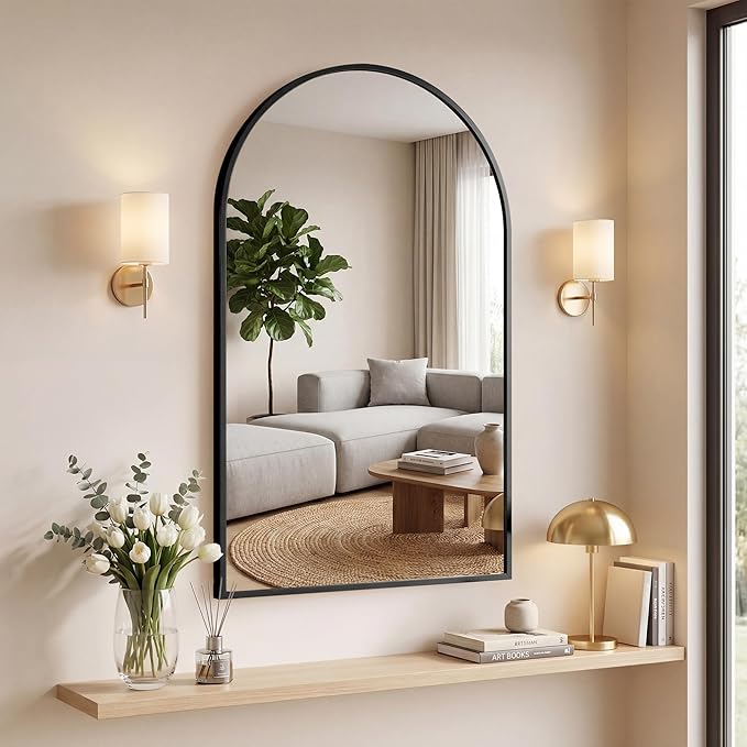 OLIXIS 24x36 Inch Arched Black Bathroom Mirror for Over Sink, Wall Mirror, Arch Bathroom Vanity Mirror with Matte Metal Frame and Tempered Glass for Home Decor, Living Room, Shatterproof