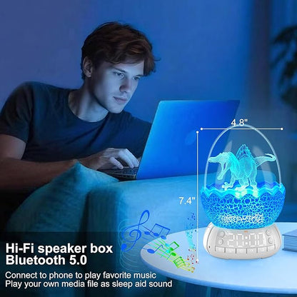 Dinosaur Egg Alarm Clock / Glowing Digital Clock with Night Light, 20 Soothing Sound Timer Training Sleep Machine/Bluetooth Speaker, Dinosaur Decor Lamp for Bedroom/Living Room, Gifts for Kids Adults