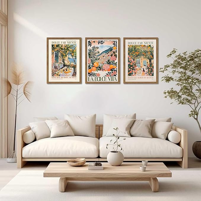 Framed Italian Scenery Wall Art Set of 3, Amalfi Coast Kitchen Wall Art, Vintage City Landscape Canvas Print, Trendy Italian Food Pictures Artwork for Living Room Dining Room – 12x16 inch