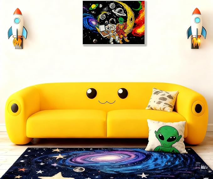 12x16 Space Astronaut Alien Pizza Party Canvas Wall Art Black Cosmic Prints Moon Planet Poster Home Framed Decor Kids Bedroom Fantasy Painting Teen Boy Room Funny Gift Picture Child Study Room Photo