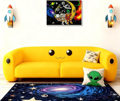 12x16 Space Astronaut Alien Pizza Party Canvas Wall Art Black Cosmic Prints Moon Planet Poster Home Framed Decor Kids Bedroom Fantasy Painting Teen Boy Room Funny Gift Picture Child Study Room Photo