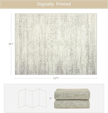 Srugn Washable Rugs 9x12 Area Rugs for Living Room,Bedroom,Dining Room- Large Ultra Soft Faux Wool Retro Carpets,Non Slip&Non-Shedding Low Pile Vintage Print Rug for Home Office Decor- Beige