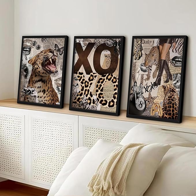 Framed Trendy Leopard Roar Canvas Wall Art Srt of 3, Fashion Stylish Cheetah Prints, Trendy Boots Poster, Aesthetic Fashion Wall Decor for Living Room Bedroom – Black Wooden Frame 12x16in