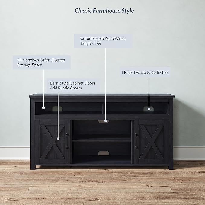 BELLEZE 58 Inch TV Stand, Contemporary Entertainment Center for TVs up to 65", Wood Media Console Table with Two Open Shelves and Barn Door Cabinets - Corin (Rustic Grey)