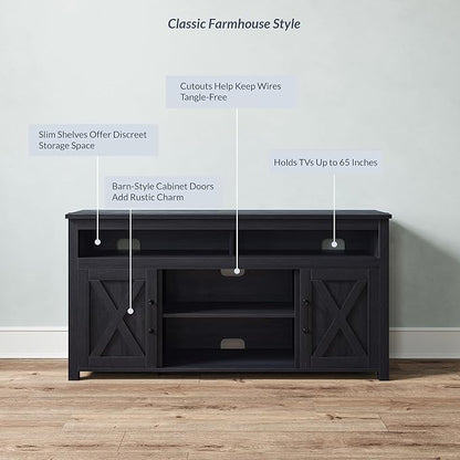 BELLEZE 58 Inch TV Stand, Contemporary Entertainment Center for TVs up to 65", Wood Media Console Table with Two Open Shelves and Barn Door Cabinets - Corin (Rustic Grey)