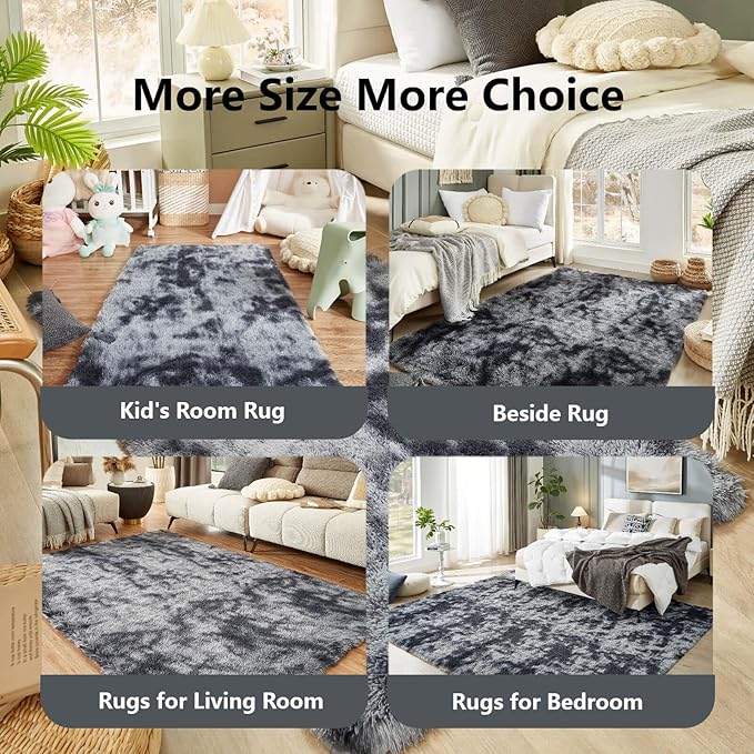 Floralux Large Shag Area Rugs 6x9 for Bedroom, Tie-Dyed Dark Grey, Plush Rugs for Living Room, Ultra Soft Fluffy Carpet, Non-Slip Indoor Floor Carpets for Kids Room, Playroom